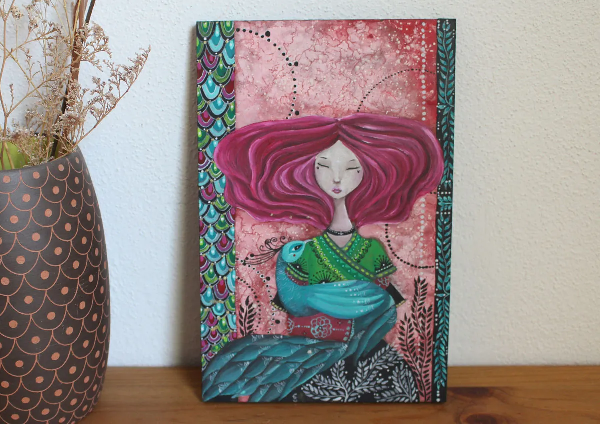 A bird came for me, a painting about the awakening of an unlikely friendship