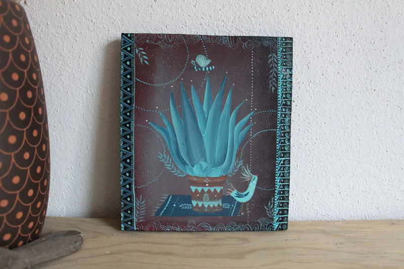 Agave, mexican plant and bird painting