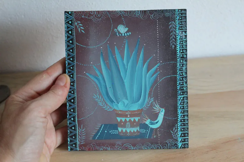 Agave, mexican plant and bird painting