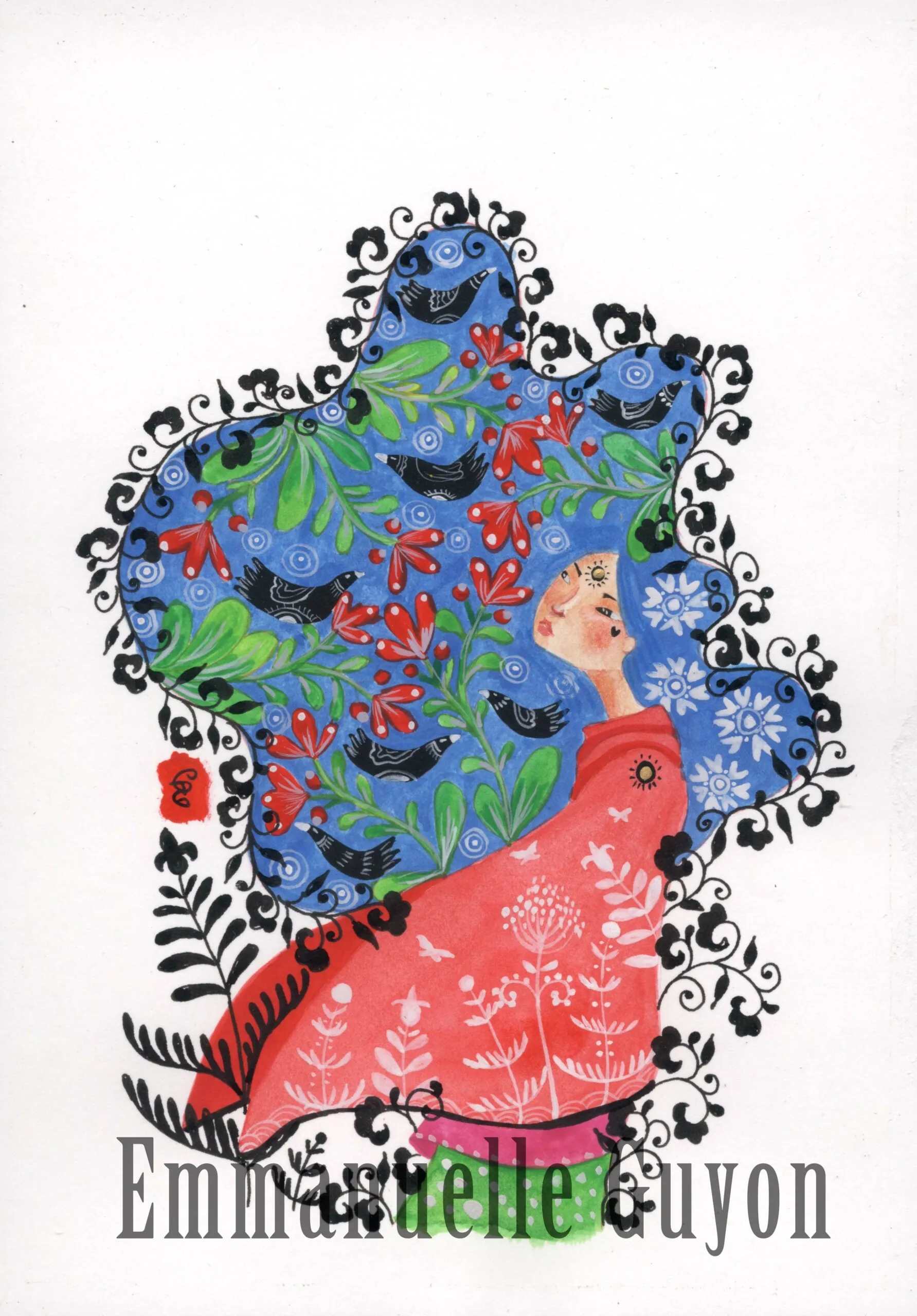Birds, a painting of a woman in harmony with nature and the mysticism of life cycles