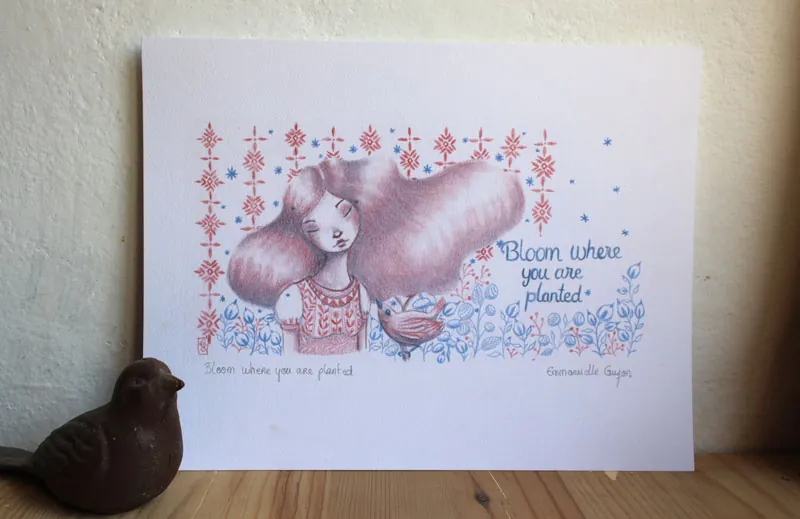 Bloom where you are planted, a portrait of a woman and a bird in a floral universe