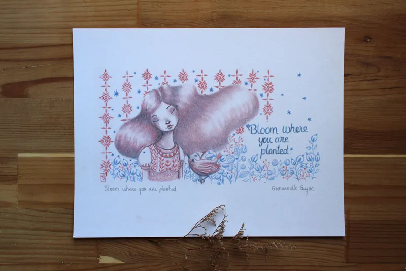 Bloom where you are planted, a portrait of a woman and a bird in a floral universe