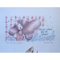 Bloom where you are planted, painting of woman and bird on a background of flowers