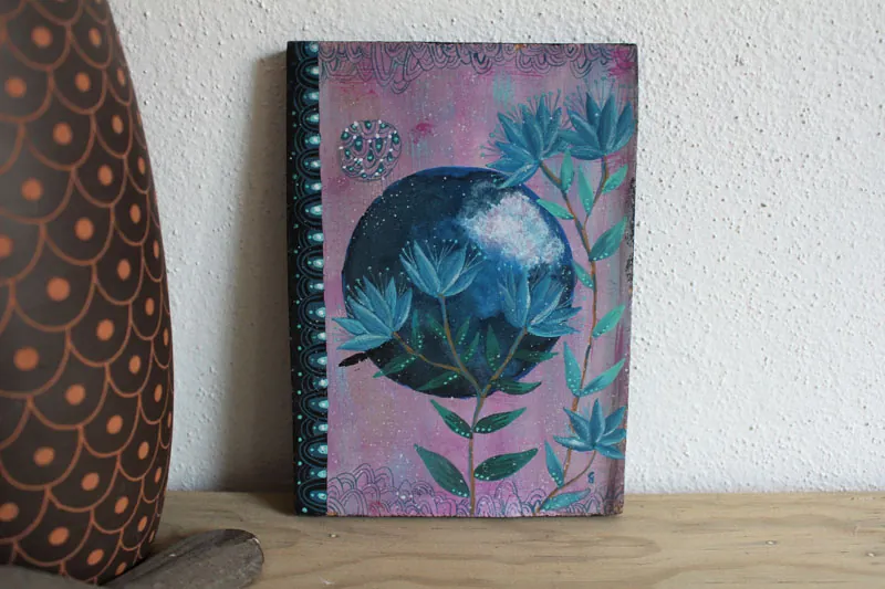 Blue flowers, fantastical nocturnal plant painting