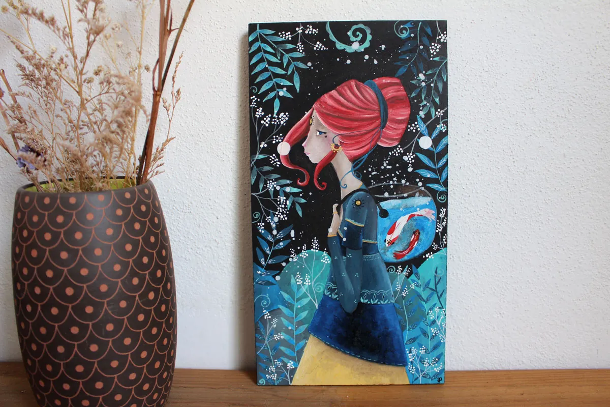 Breathing light, a painting of a nocturnal journey with a luminous aquarium