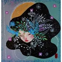 Flower face on blue background, nature fairy painting