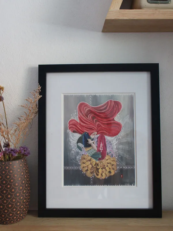 Fragile and strong, painting of a woman’s rebirth on a golden flower