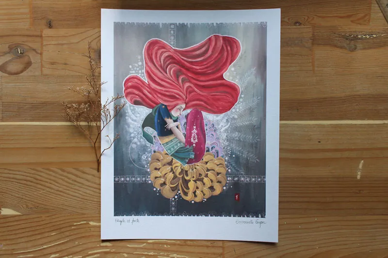 Fragile and strong, painting of a woman’s rebirth on a golden flower