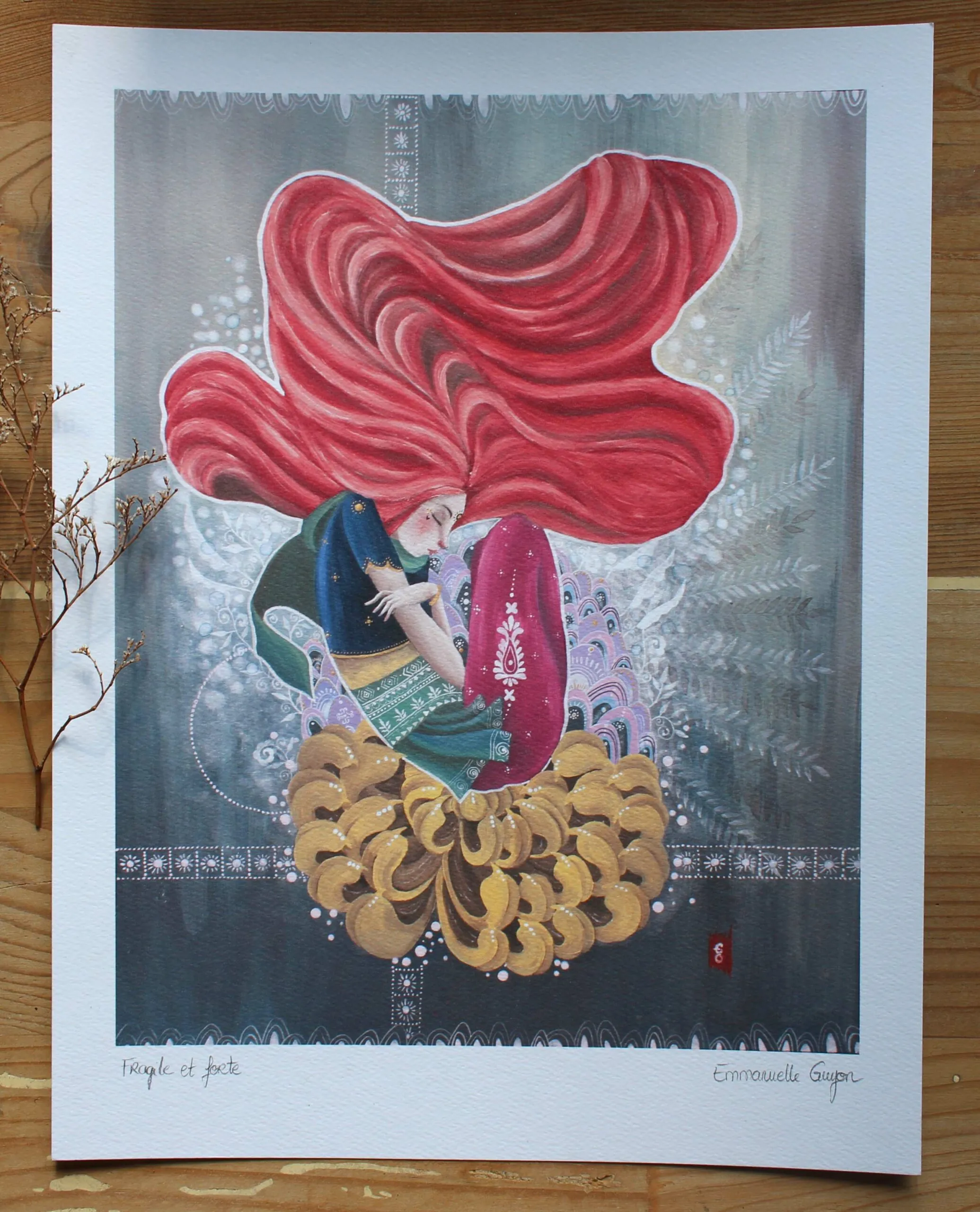 Fragile and strong, painting of a woman’s rebirth on a golden flower