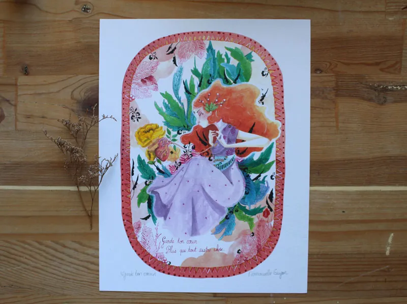 Guard your heart, a painting of a journey into the heart of emotions within a symbolic garden