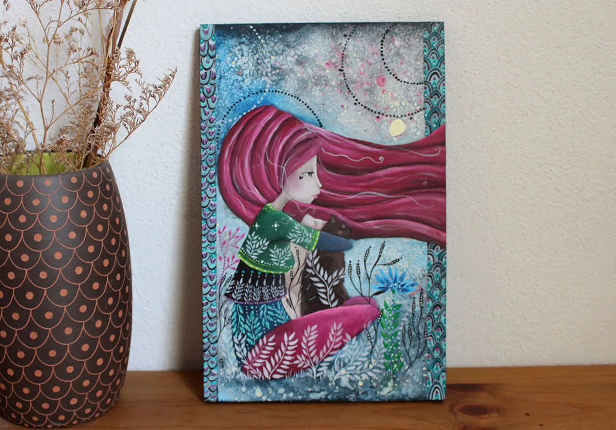 Knowing how to look at the world, painting of a woman and a cat