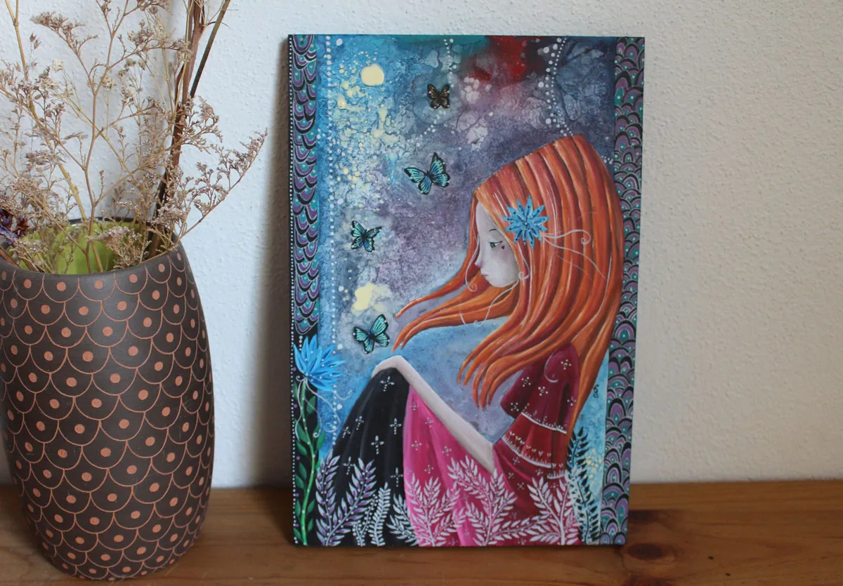 Metamorphosis, a painting of a woman and butterflies, between shadow and light