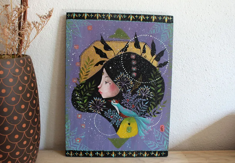 Never alone, a painting of a dialogue between a woman and her inner guide