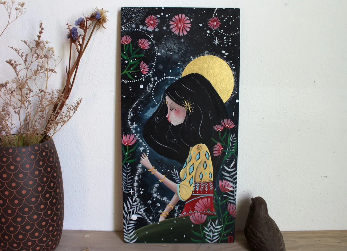Star weaver, painting of a celestial artist connecting souls and stars