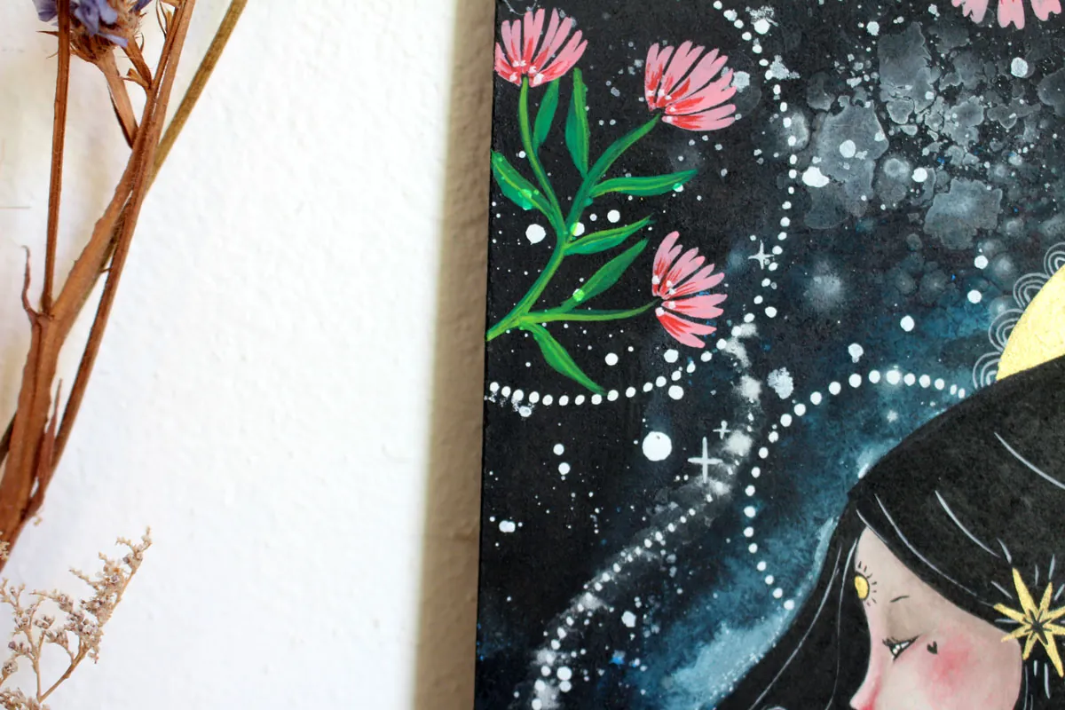Star weaver, painting of a celestial artist connecting souls and stars