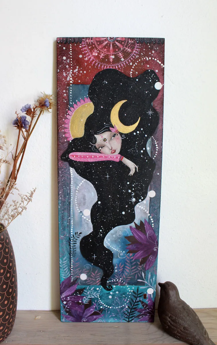 These stars that gravitate around you, a painting depicting a poetic vision of the connections that illuminate our lives