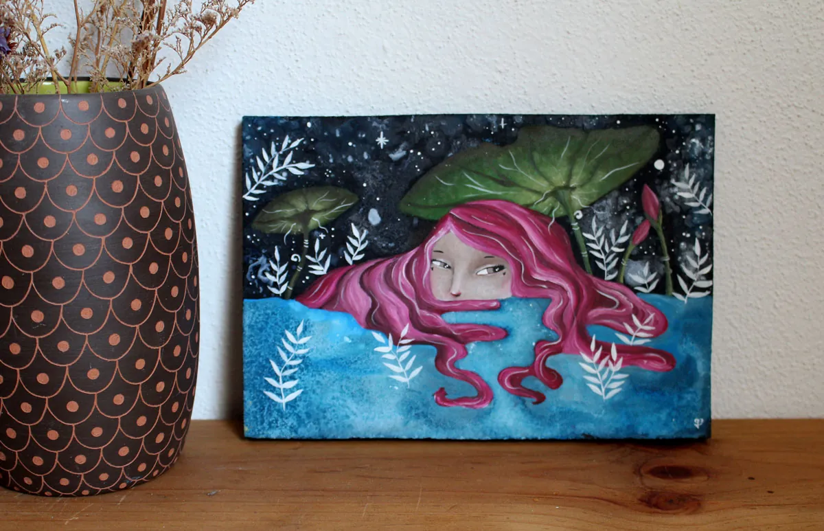 Under the leaves of the water lily, painting of a sanctuary of peace and rebirth