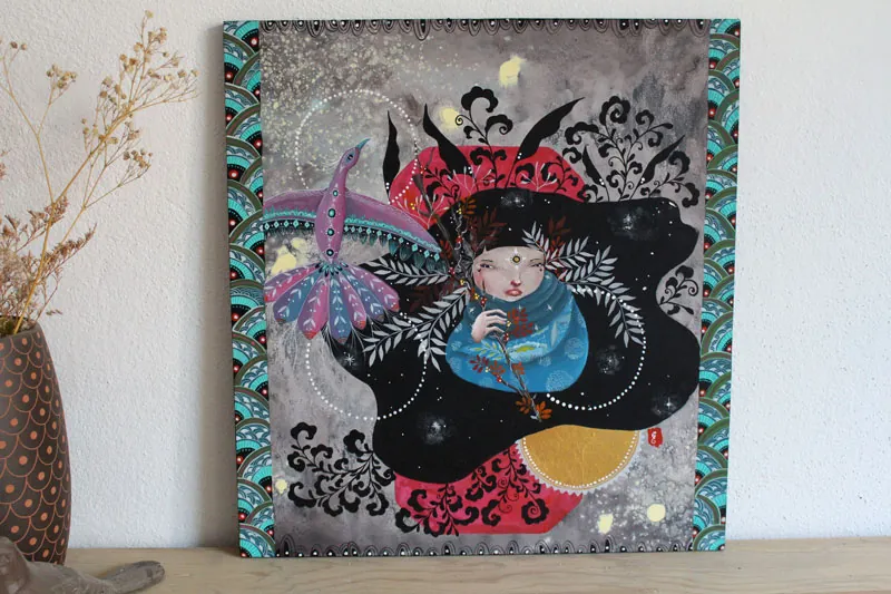 Unexpected flowering, painting of a woman at the heart of magical flora