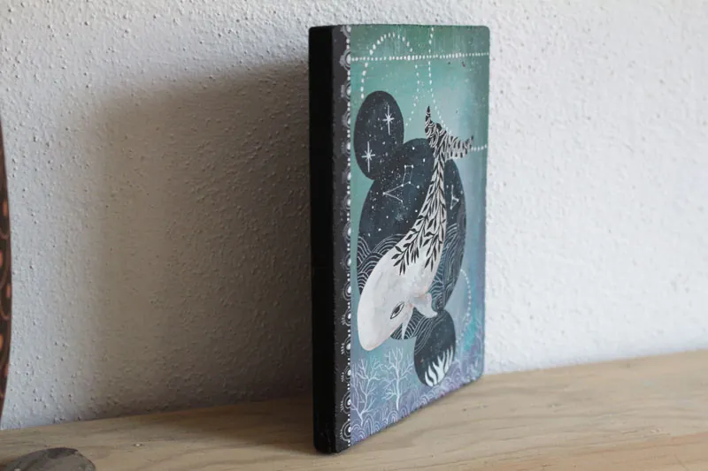 Whale under the stars, white cetacean painting
