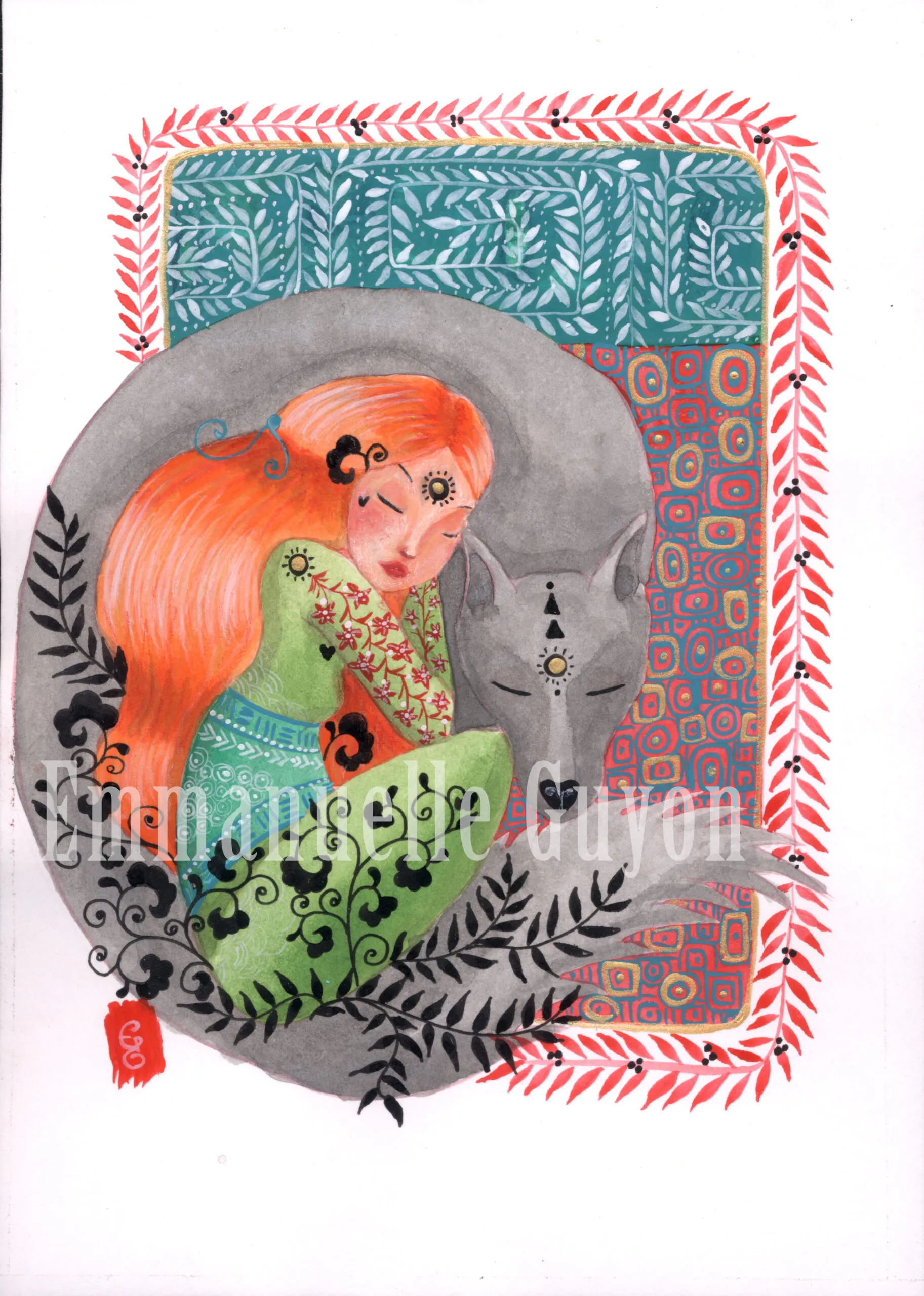 Wolf and little girl, painting of unexpected harmony